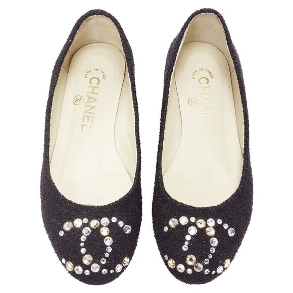 Chanel Tweed Crystal CC Embellished Logo Round Toe Flat Shoes - Picture 1 of 6